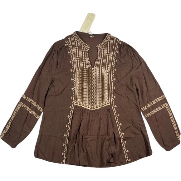 KOMILI Womens  2x Geometric Embroidered Tunic Top Brown Peasant Boho - Picture 1 of 6